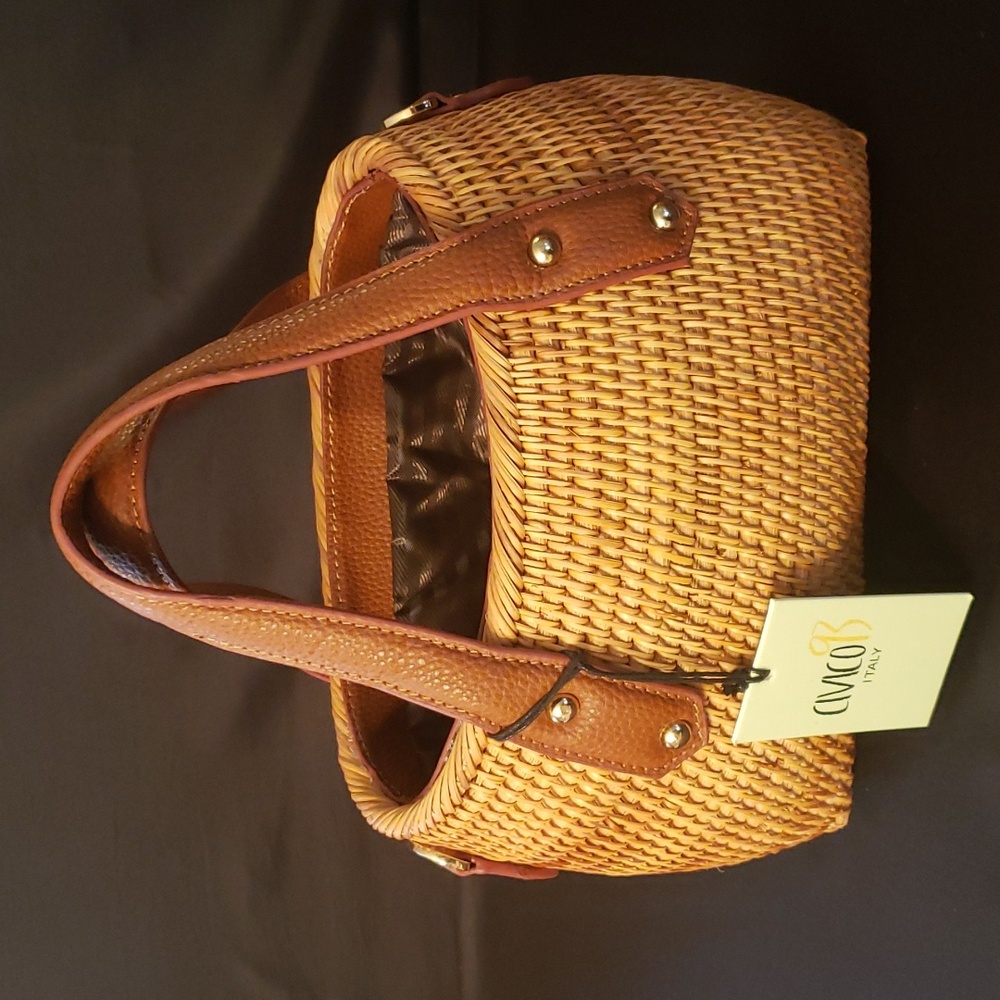 Brown and Tan Woven Satchel with Leather Trim